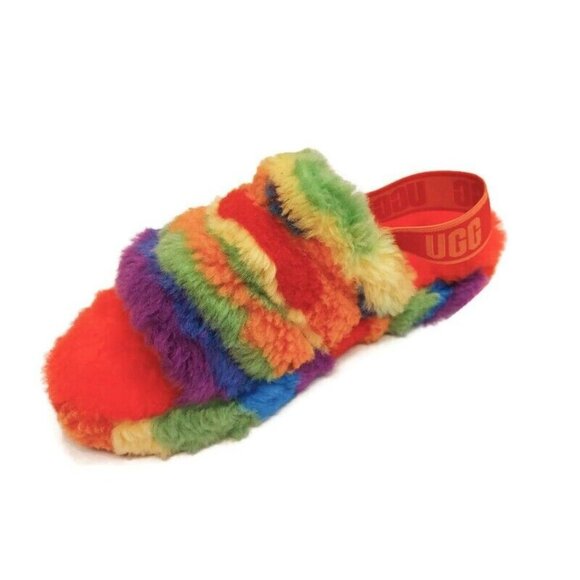 UGG Fluff Yeah Slide Cali Collage Backstrap Slippers Big Kids 4 Rainbow Stripes - Picture 3 of 8